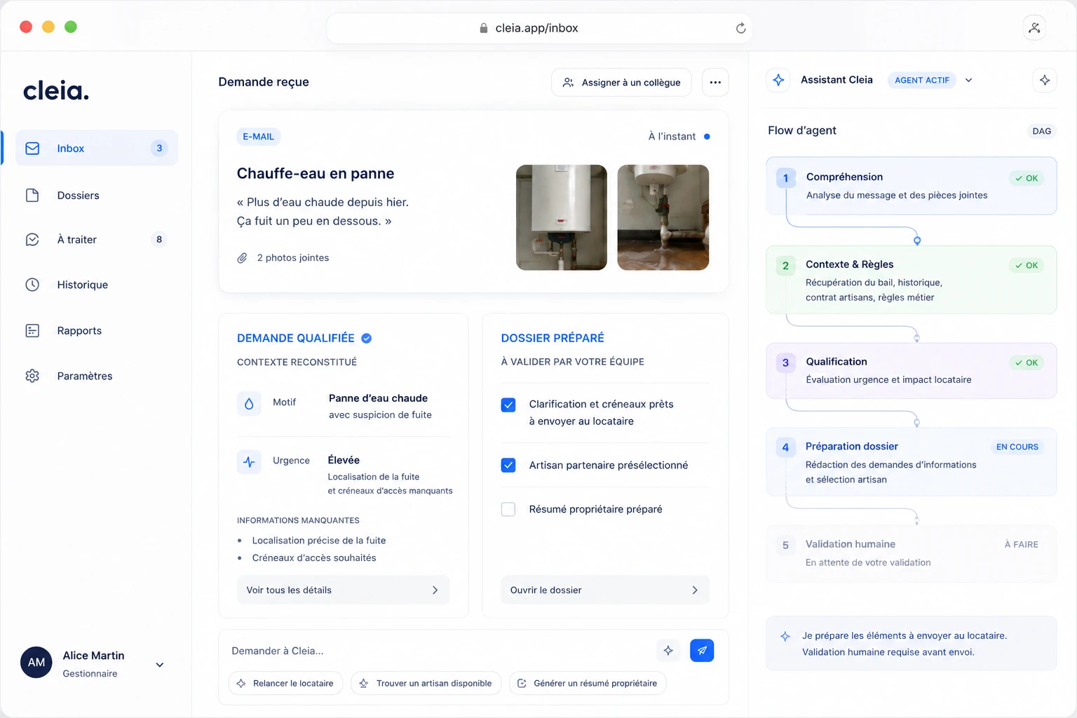 Interface Cleia montrant une demande locataire qualifiée, un dossier préparé et les validations humaines.